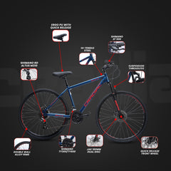 CRADIAC Spark 21 Speed | 18.5 INCH HI-TENSILE Steel Frame | 700C T Hybrid Bike | Front Suspension | Dual DISC