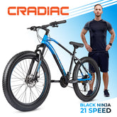 CRADIAC - Black Ninja Fat | 21 Speed Geared MTB Cycle| 26" Inch Mountain Bike | 26 * 300 Fat Tires | DISC Brakes | Suspension Fork | Hitensile Steel Frame | for 15+ Years Men/Boys/Girls, Front