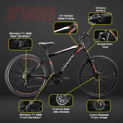 Cradiac Xplorer 21 Speed High Performance Steel Mountain Cycles for Men with Front Suspension & Dual Disc Brake 21 Geared MTB Bike 29 T | Ideal for 15+ Years, Unisex, Frame Size : 18.5 inch