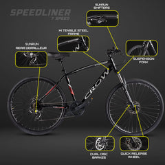 CROW - SPEEDLINER 7 Speed | 700 * 35C Hybrid | 7 Gear Hybrid Cycle | Dual Disc Brakes | Suspension Fork | HITENSILE Steel Frame | Unisex