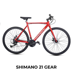 CRADIAC Machine 21 Speed 6061 Alloy Hybrid Cycle 21 Geared Bicycle for Men with Rigid Fork & Dual Disc Brake Hybrid Bike | Ideal for 15+ Years, Unisex, Frame Size : 19.5 Inch, Metalic Red