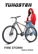 TUNGSTEN - Fire Storm Single Speed | Hi-Tensile Steel Frame | Dual Disc Brakes | Suspension Fork | Unisex MTB | Ideal for 12+ Years