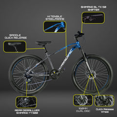 CRADIAC TOP Gun 7 Speed High Performance Steel Mountain Cycles for Men with Front Suspension & Dual Disc Brake| 26" T 7 Geared MTB Bike | Ideal for 14+ Years, Unisex, Frame Size : 17 Inch