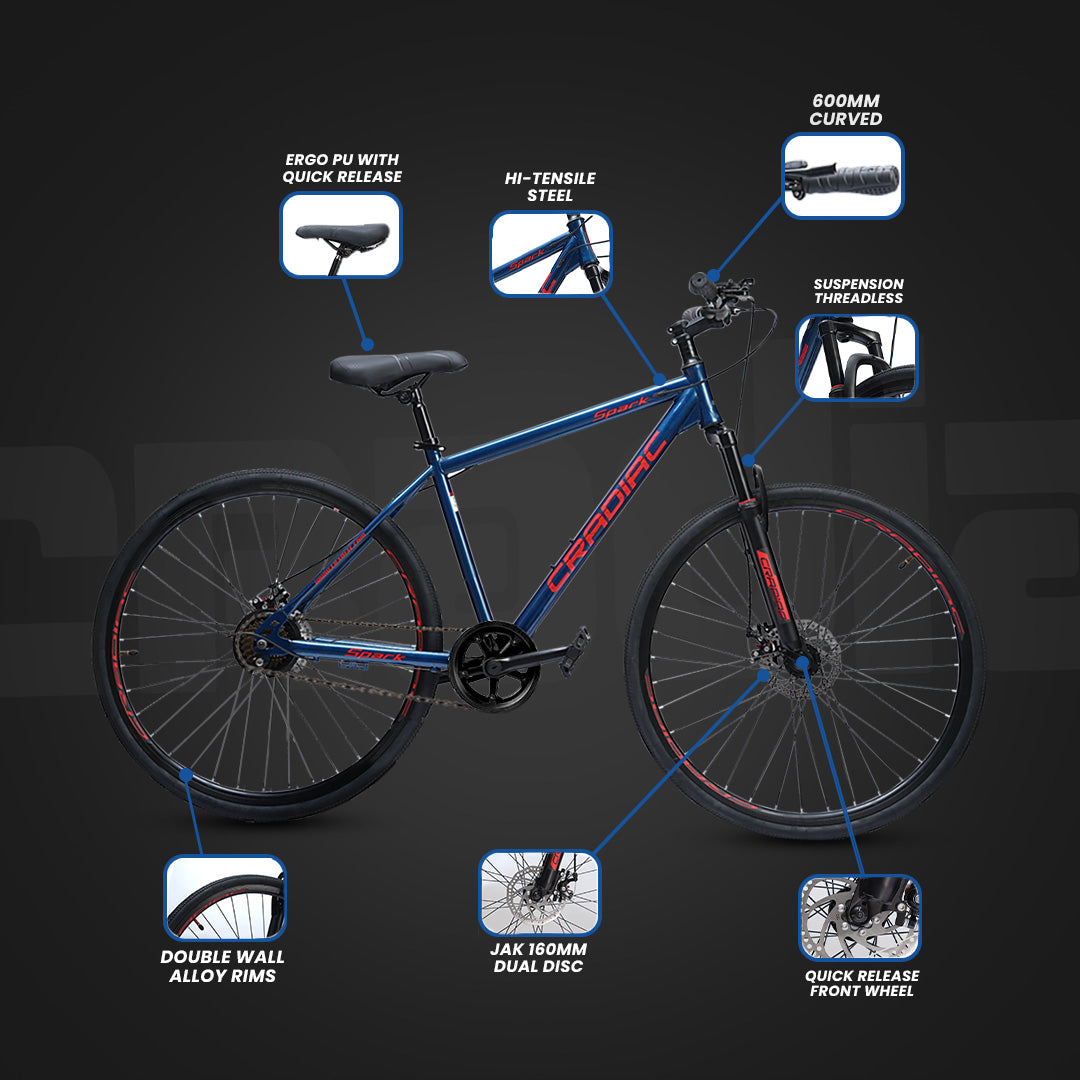 CRADIAC Spark Single Speed | 18.5 INCH HI-TENSILE Steel Frame | 700C T Hybrid Bike | Front Suspension | Dual DISC | Unisex