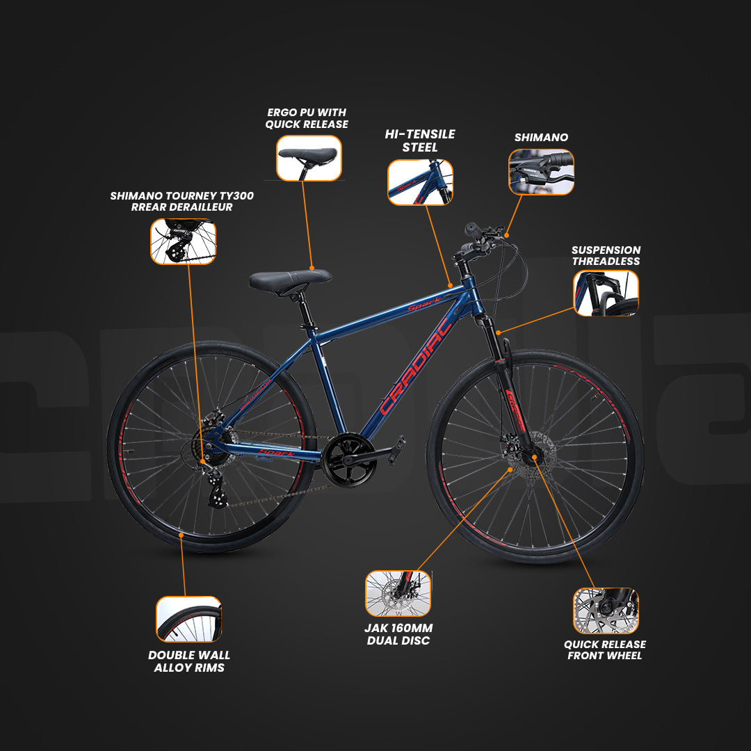 CRADIAC Spark Speed INCH HI-TENSILE Steel Frame 700C T Hybrid Bike Front Suspension Dual DISC