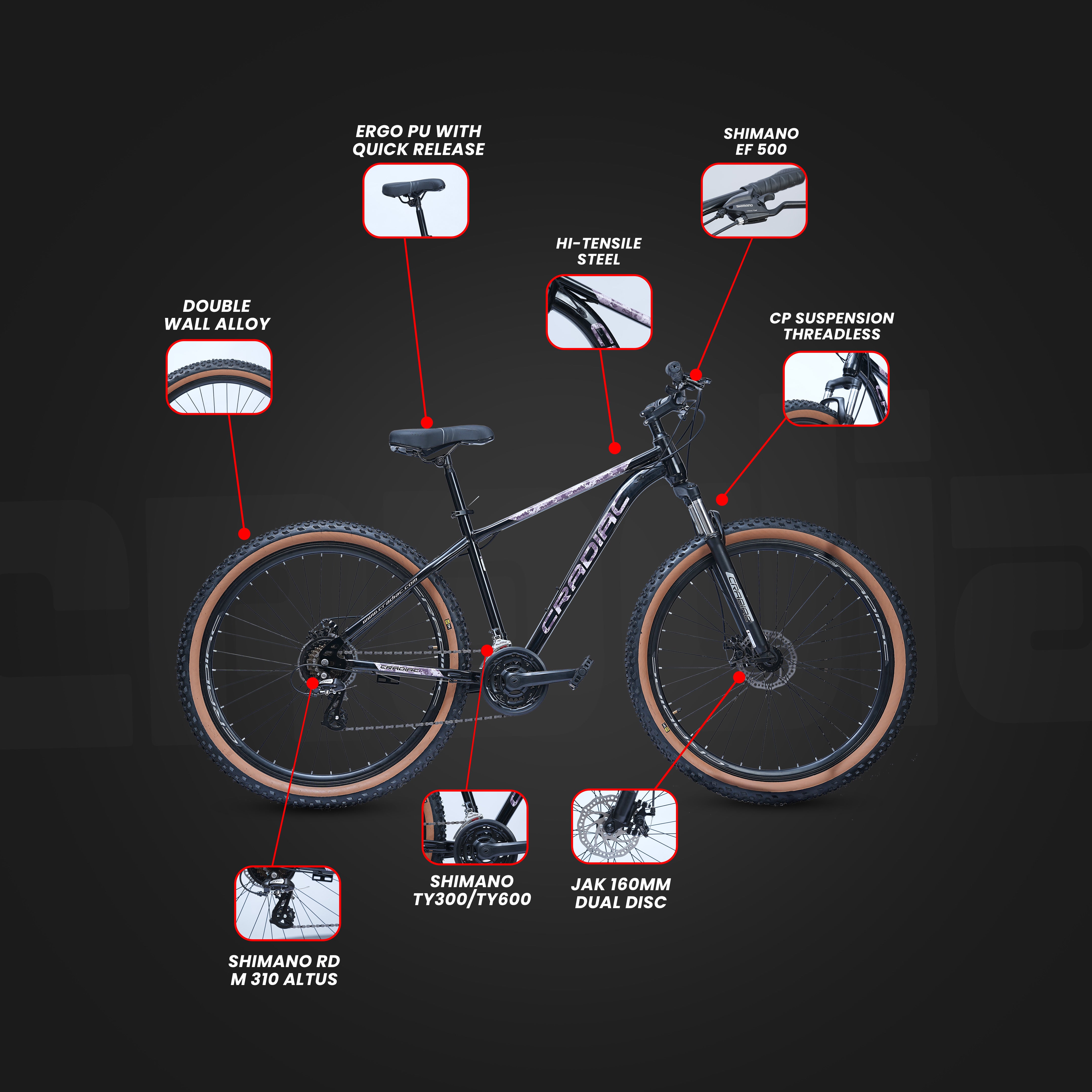 CRADIAC Xtreme 21 Speed | 18.5 INCH HI-TENSILE Steel Frame | 29T Mountain Bike | Front Suspension | Dual DISC