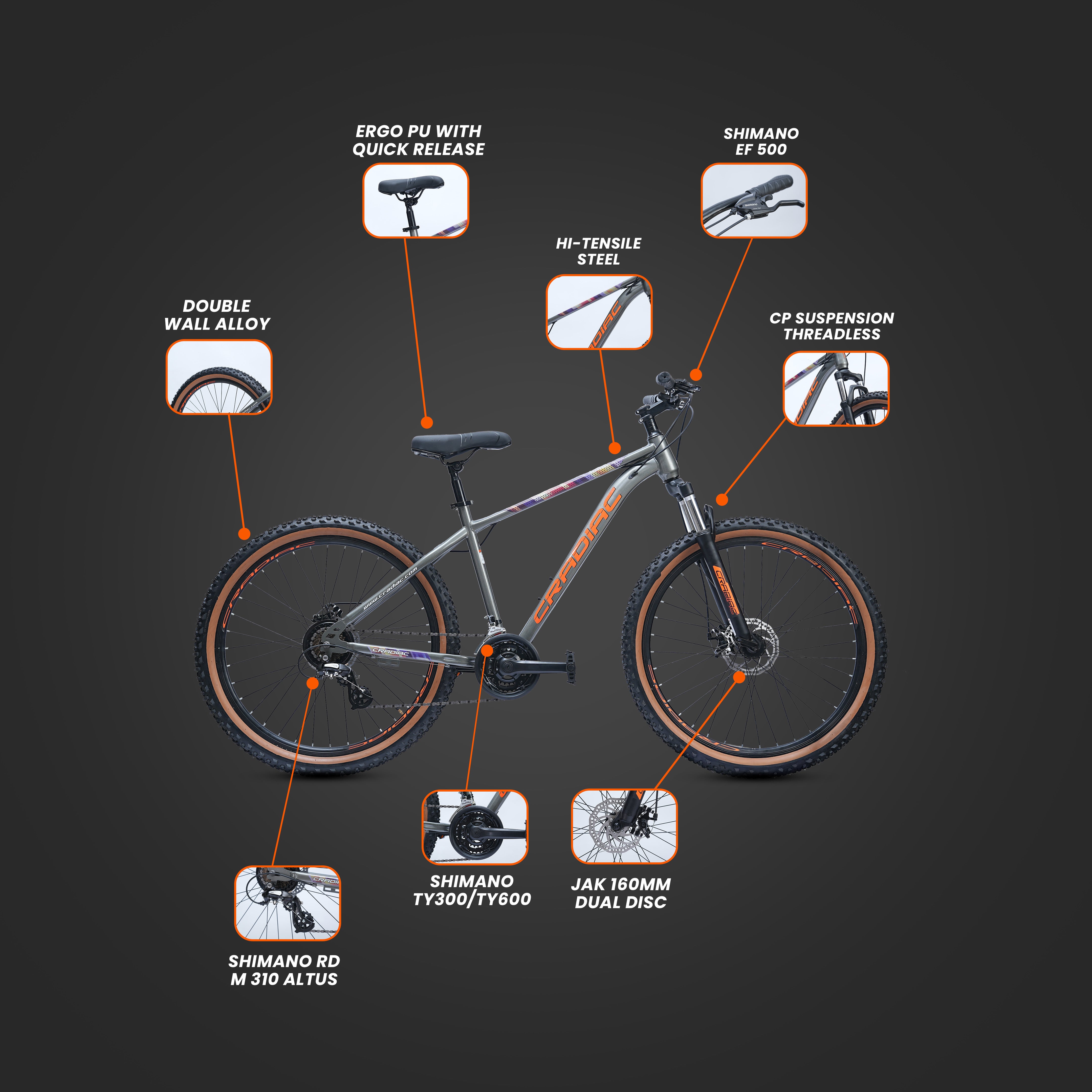 CRADIAC Dexter 21 Speed | 18.5 INCH HI-TENSILE Steel Frame | 27.5T Mountain Bike | Front Suspension | Dual DISC