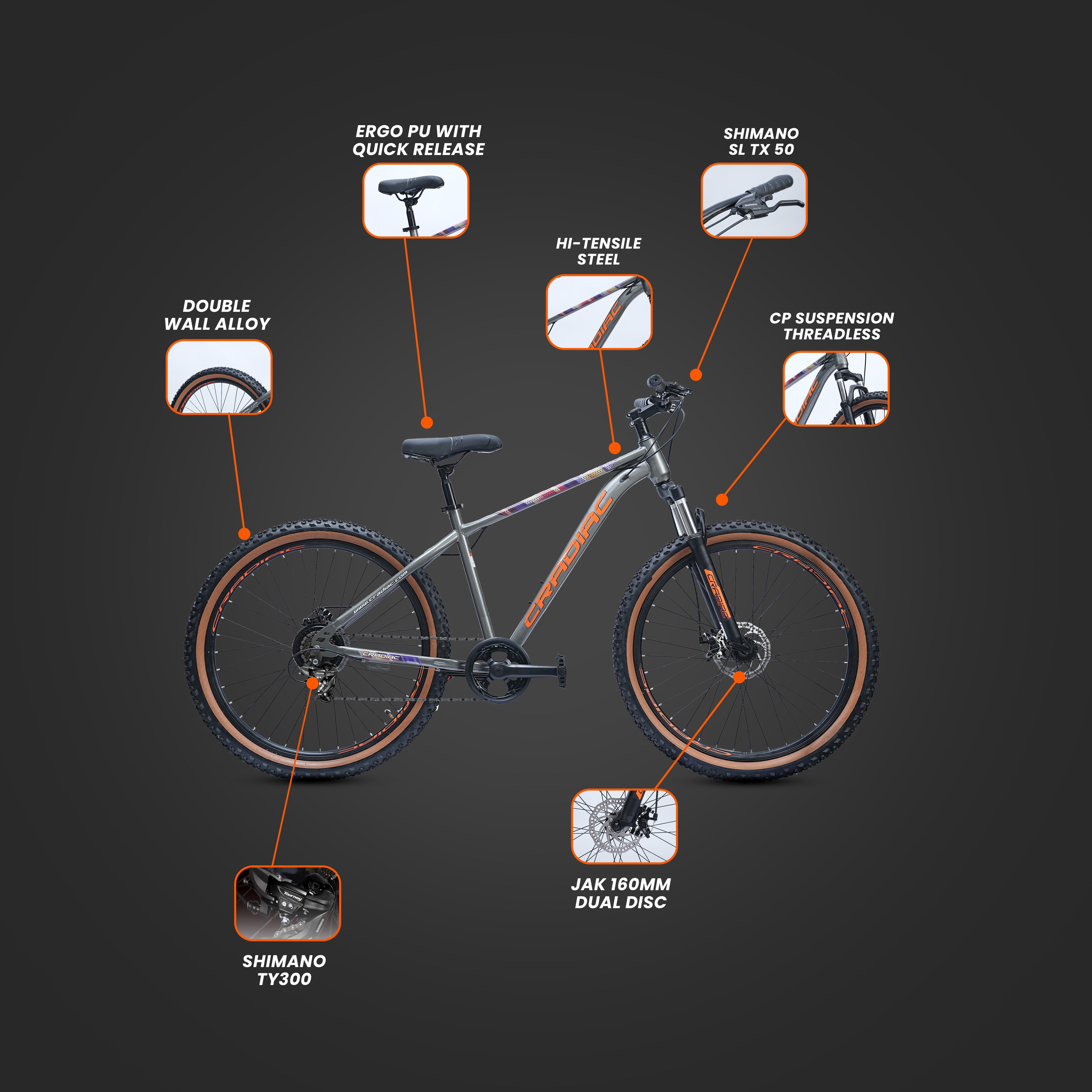 CRADIAC Dexter 7 Speed | 18.5 INCH HI-TENSILE Steel Frame | 27.5T Mountain Bike | Front Suspension | Dual DISC