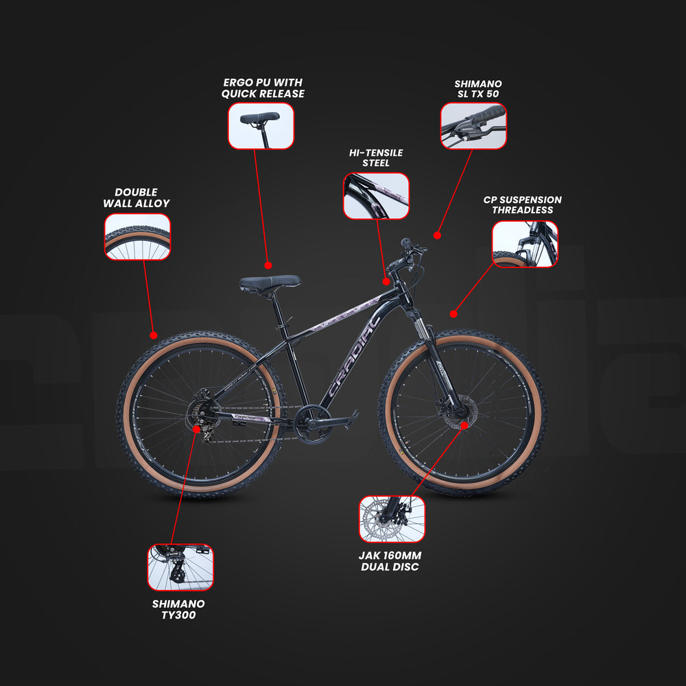 CRADIAC Xtreme 7 Speed | 18.5 INCH HI-TENSILE Steel Frame | 29T Mountain Bike | Front Suspension | Dual DISC