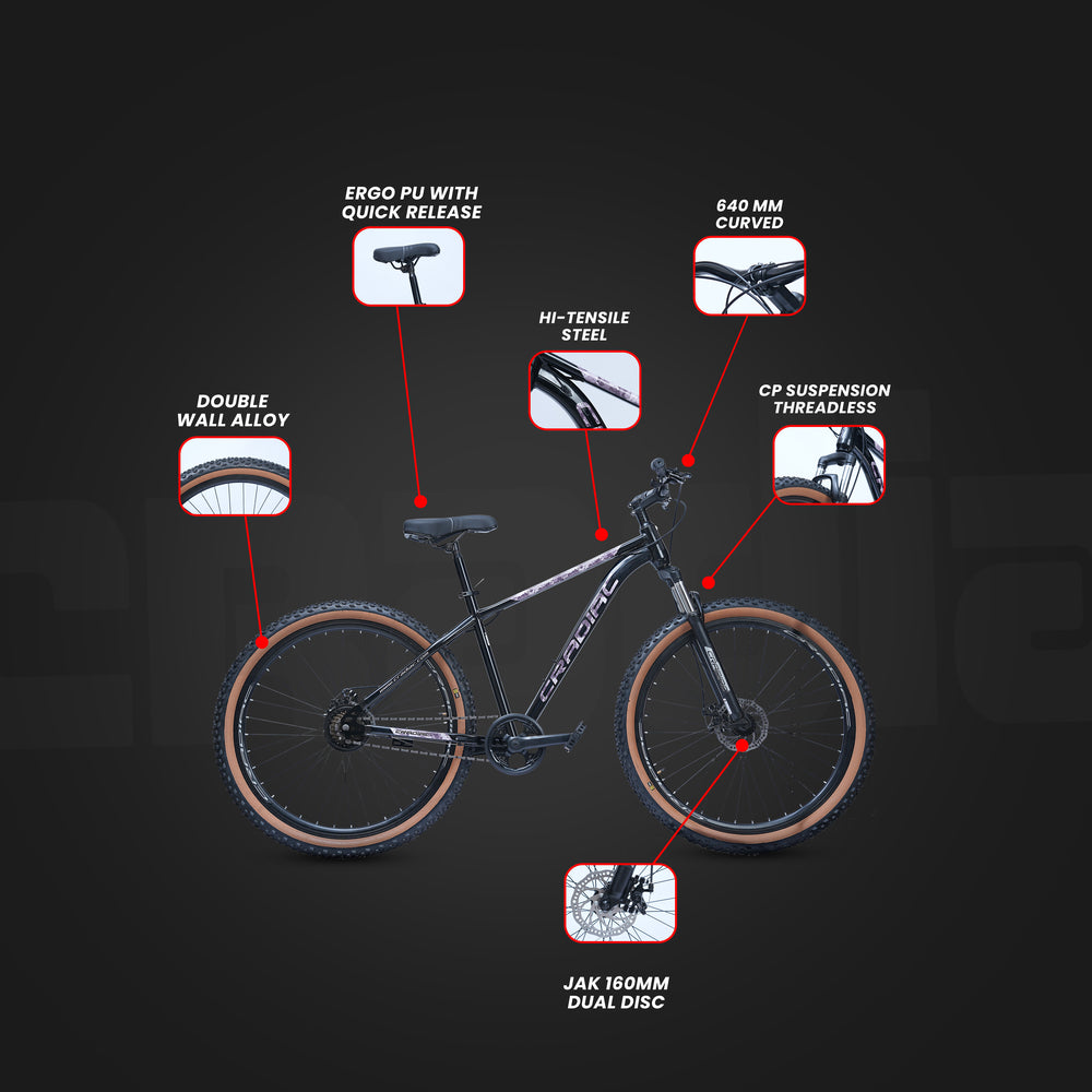 CRADIAC Xtreme Single Speed | 18.5 INCH HI-TENSILE Steel Frame | 29T Mountain Bike | Front Suspension | Dual DISC