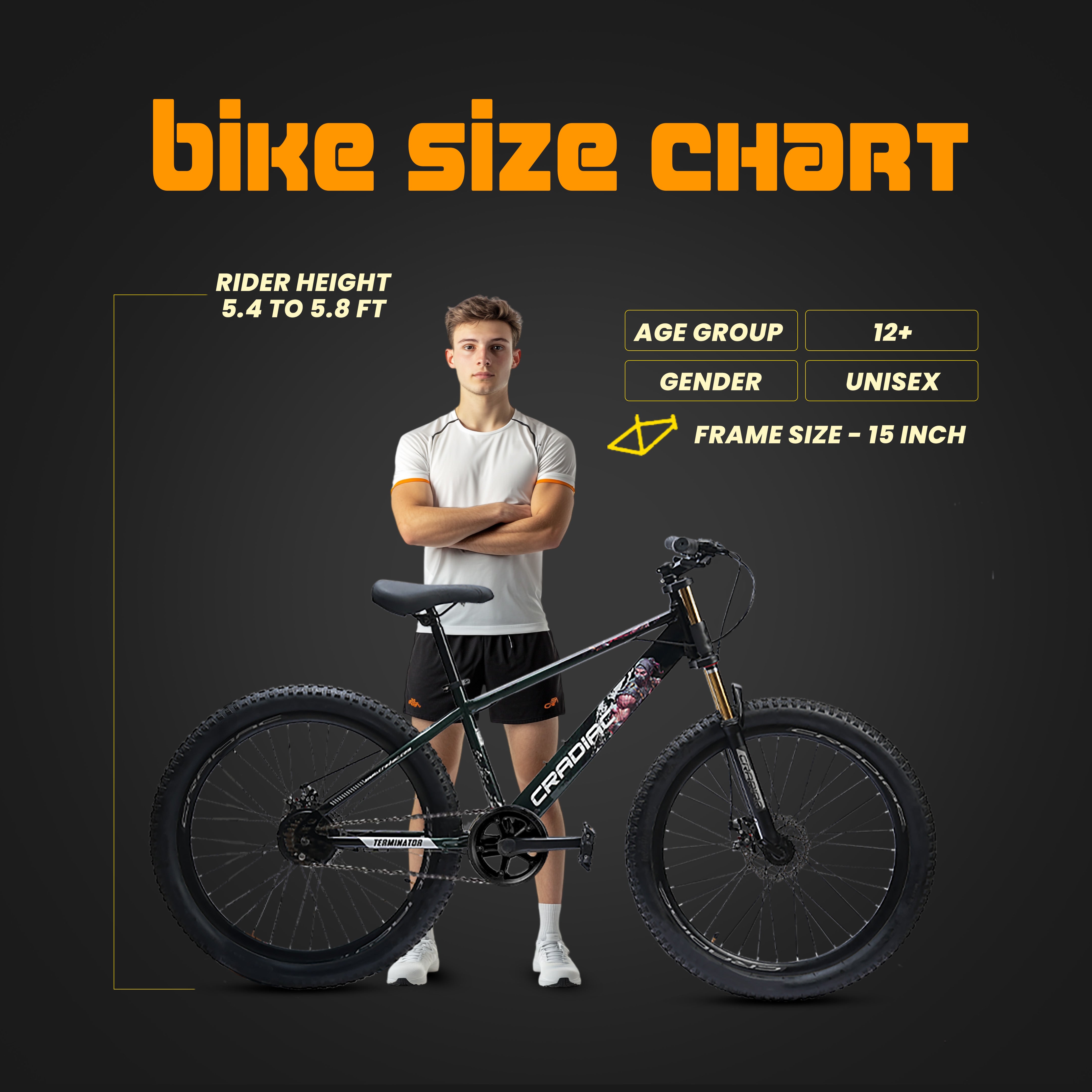 CRADIAC Terminator Single Speed | 15 INCH HI-TENSILE Steel Frame | 26T Mountain Bike | Front Suspension with Double crown | Dual DISC | Ideal for 12+ age Unisex