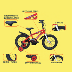 CRADIAC - BOOMER 16 Inch Kids Cycle for Boys & Girls | Cycle for 4 to 6 Years | 16T Bicycle for Beginner Kids Bike with Comfortable Seat, Support Wheel & V Brake | Cycle for Girls & Boys