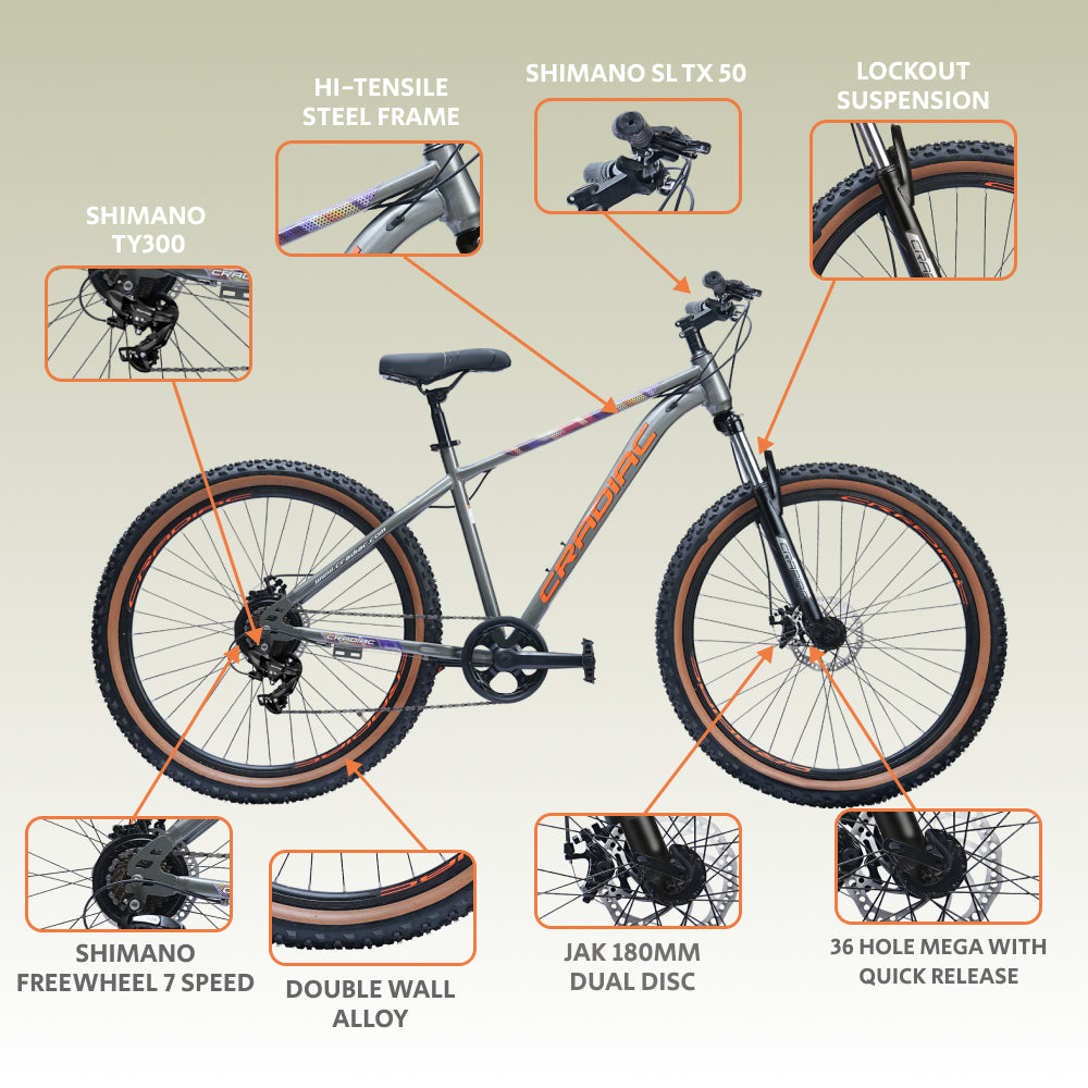 CRADIAC Dexter 7 Speed | 18.5 INCH HI-TENSILE Steel Frame | 27.5T Mountain Bike | Front Suspension | Dual DISC