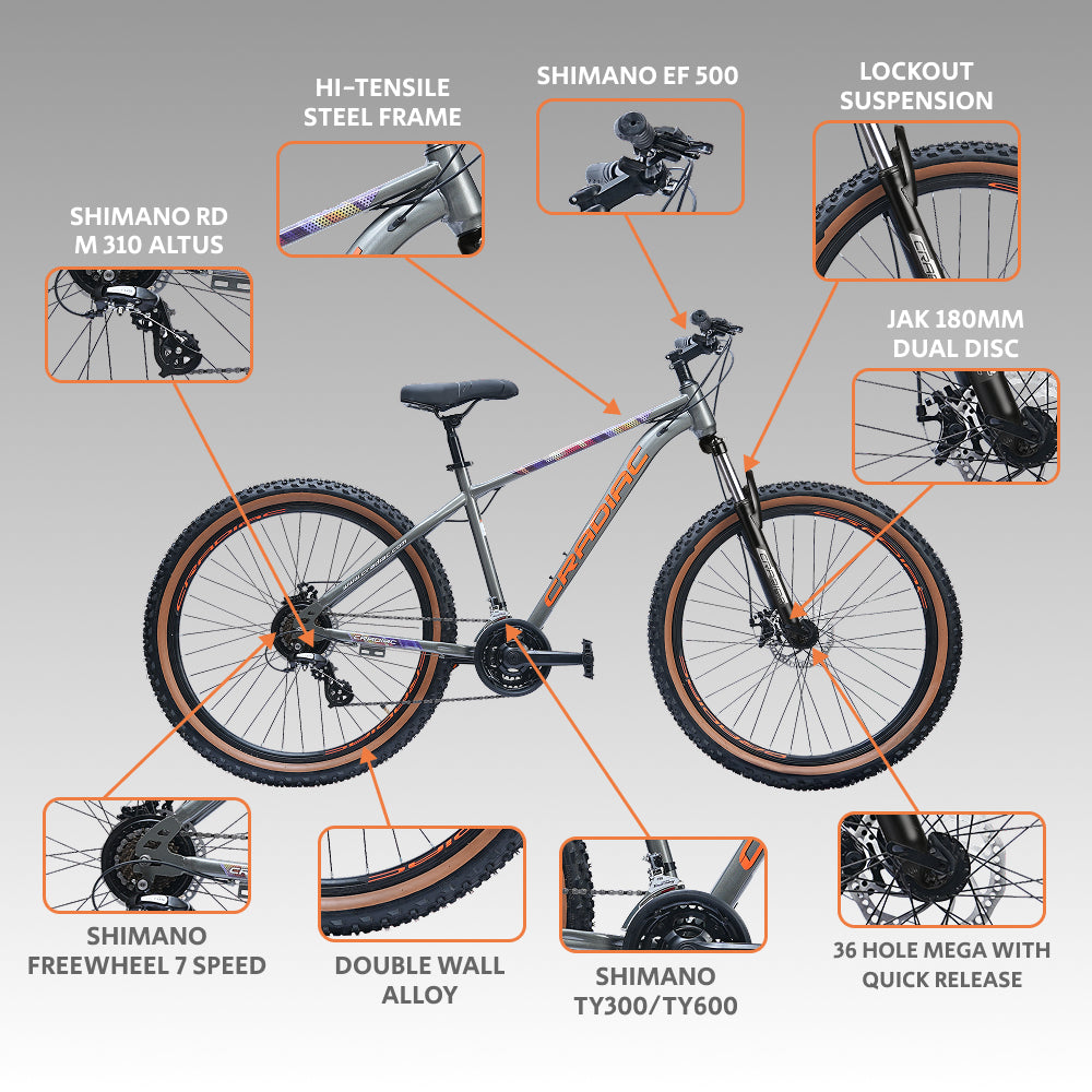 CRADIAC Dexter 21 Speed | 18.5 INCH HI-TENSILE Steel Frame | 27.5T Mountain Bike | Front Suspension | Dual DISC