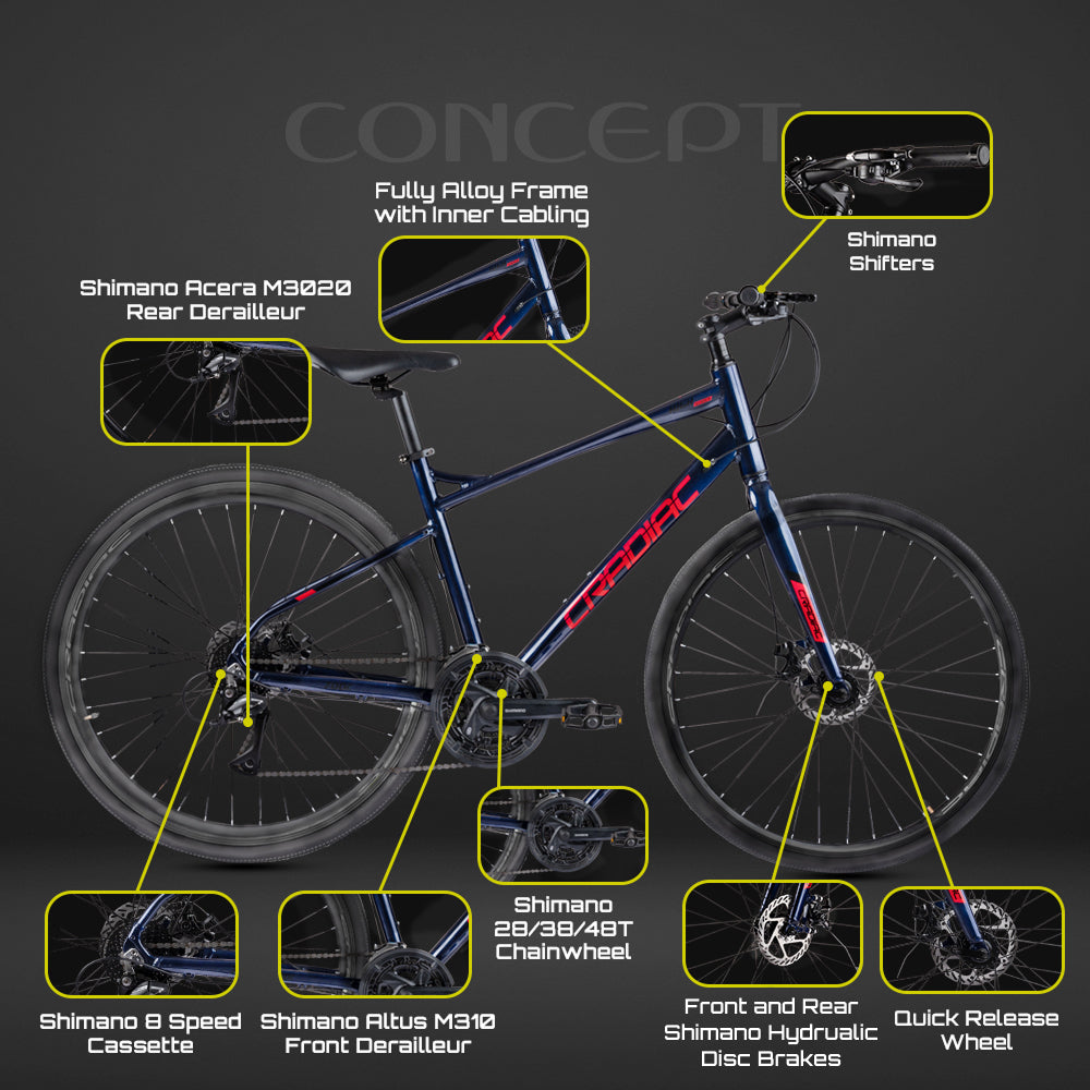 CRADIAC - Concept X | 24 Speed Gear Hybrid Cycle | 700 * 35 C Bike | Rigid Fork | 6061 Alloy Frame | 700 * 35C Nylon Tires | Shimano hydraulic Dual DISC Brakes | Ideal for 15+ Years Men/Boys/Girls
