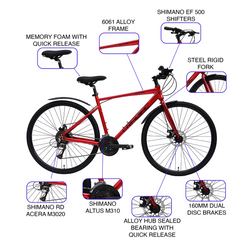 Cradiac Machine 21 Speed 6061 Alloy Hybrid Cycle 21 Geared Bicycle for Men with Rigid Fork & Dual Disc Brake Hybrid Bike | Ideal for 15+ Years, Unisex, Frame Size : 19.5 Inch, Metalic Red