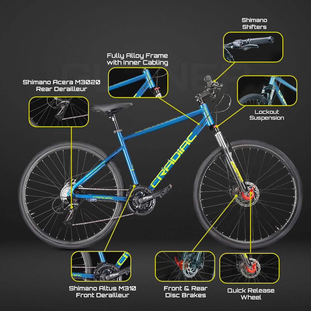 Cradiac Gunner PRO 21 Speed 6061 Alloy Hybrid Cycle 21 Geared Bicycle for Men with Front Lockout Suspension Disc Brake Hybrid Bike Ideal for 15+