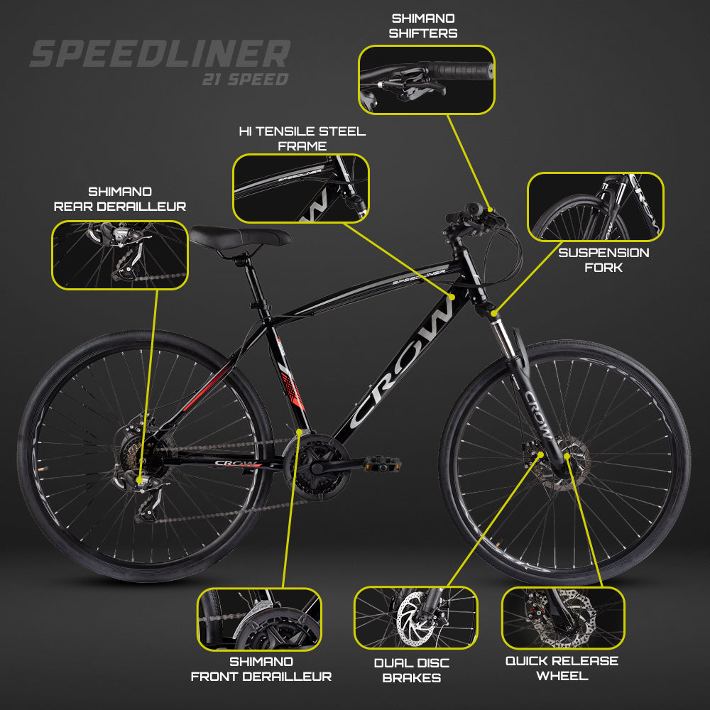 CROW - SPEEDLINER 21 Speed | 700 * 35C Hybrid | 21 Speed Gear Cycle | Dual Disc Brakes | Suspension Fork | HITENSILE Steel Frame | Ideal for Girls/Boys/Men