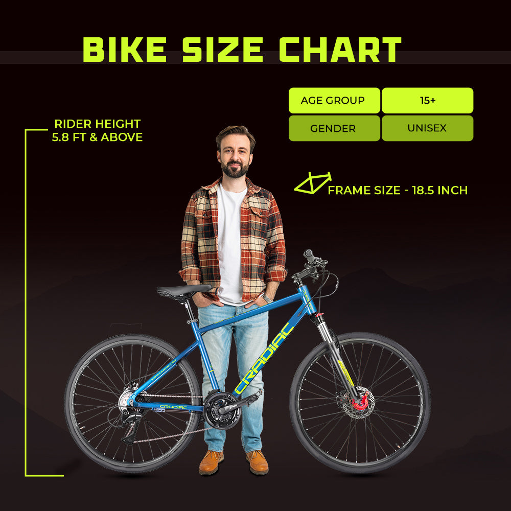 Cradiac Gunner PRO 21 Speed 6061 Alloy Hybrid Cycle 21 Geared Bicycle for Men with Front Lockout Suspension & Disc Brake Hybrid Bike | Ideal for 15+ Years, Unisex, Frame Size : 18.5 Inch, Teal Blue