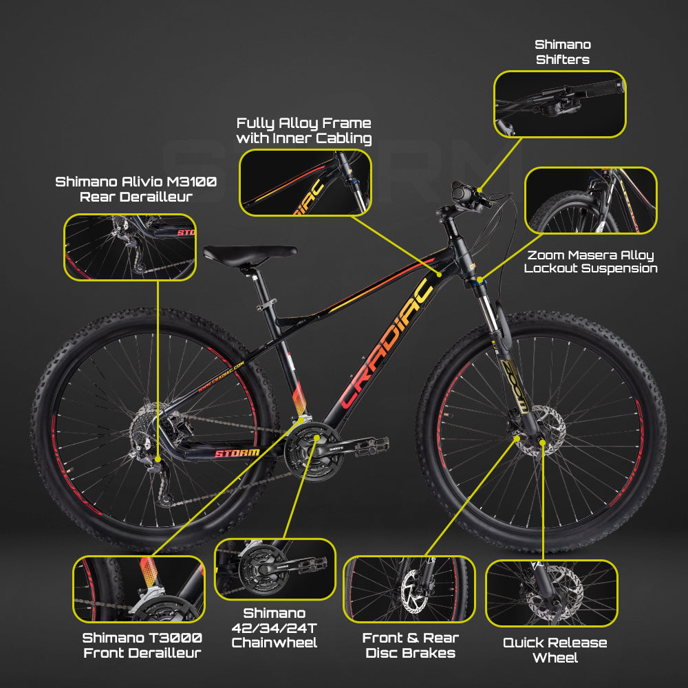 CRADIAC - Storm | 27 Speed Gear Mountain Bike | Zoom MASERA Lockout Suspension | 29" Inch MTB Cycle| Hydraulic Disc Brake | 6061 Alloy Frame | for 15+ Years Men/Boys/Girls/Women