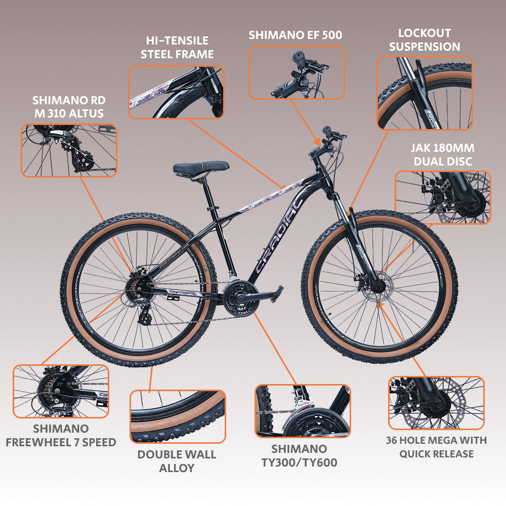 CRADIAC Xtreme 21 Speed | 18.5 INCH HI-TENSILE Steel Frame | 29T Mountain Bike | Front Suspension | Dual DISC