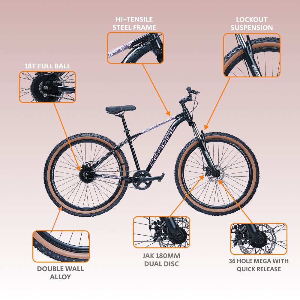 CRADIAC Xtreme Single Speed | 18.5 INCH HI-TENSILE Steel Frame | 29T Mountain Bike | Front Suspension | Dual DISC